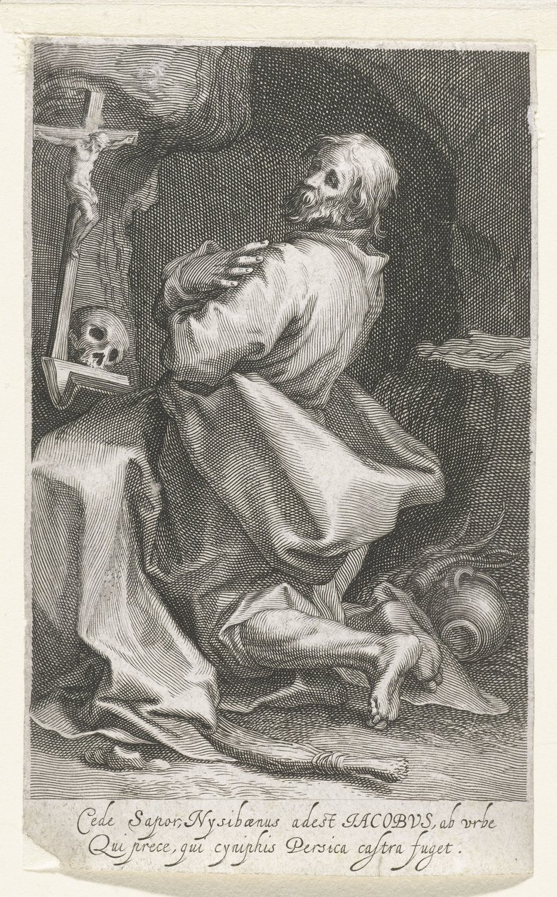 Heilige Jacobus van Nisibis como kluizenaar Cede sapor Nysibaenus (...) Persica huye del campamento (título sobre objeto) Kluizenaars (título de la serie) En el espejo sagrado (...) da alas a los padres (título de la serie) de Boëtius Adamsz. Bolswert