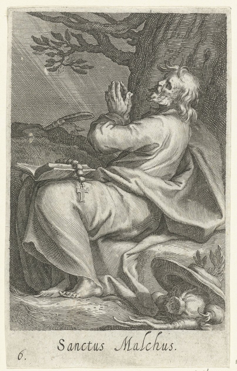 San Malco de Calcis como ermitaño Sanctus Malchus (título sobre el objeto) Ermitaños (título de la serie) Sacra eremvs ascetarvm (título de la serie) de Boëtius Adamsz. Bolswert