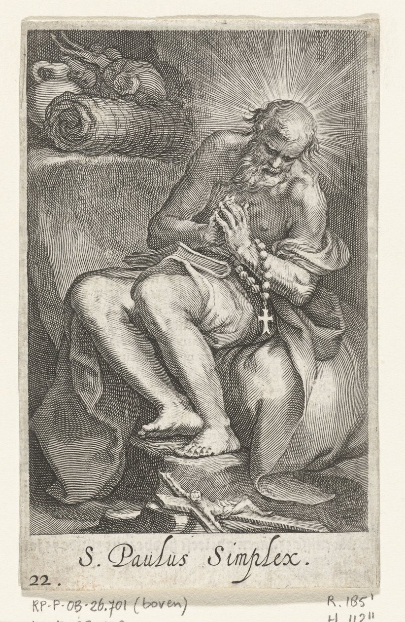 San Pablo de Egipto como ermitaño S. Paulus Simplex (título sobre el objeto) Ermitaños (título de la serie) Sacra eremvs ascetarvm (título de la serie) de Boëtius Adamsz. Bolswert