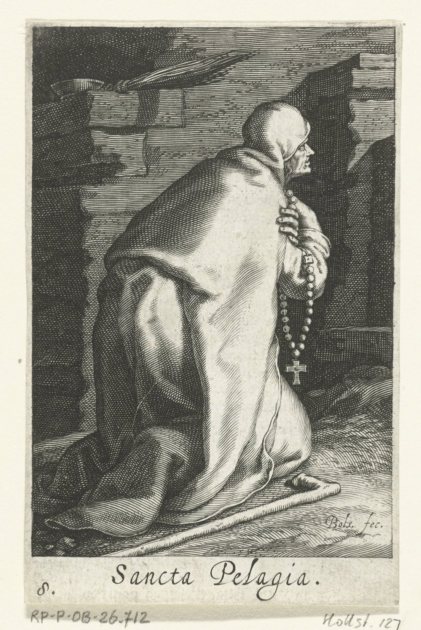 Santa Pelagia de Antioquía como Hermitess Sancta Pelagia (título sobre el objeto) Hermitesses (título de la serie) Sacra Eremus Ascetriarum (título de la serie) de Boëtius Adamsz. Bolswert