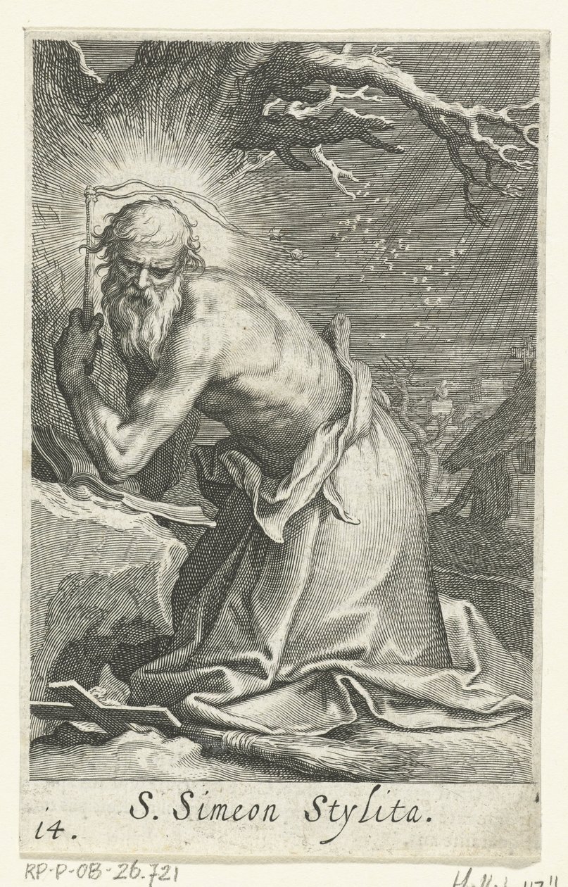 San Simeón Estilita el Viejo como Ermitaño S. Simeon Stylita (título sobre objeto) Ermitaños (título de la serie) Sacra eremvs ascetarvm (título de la serie) de Boëtius Adamsz. Bolswert