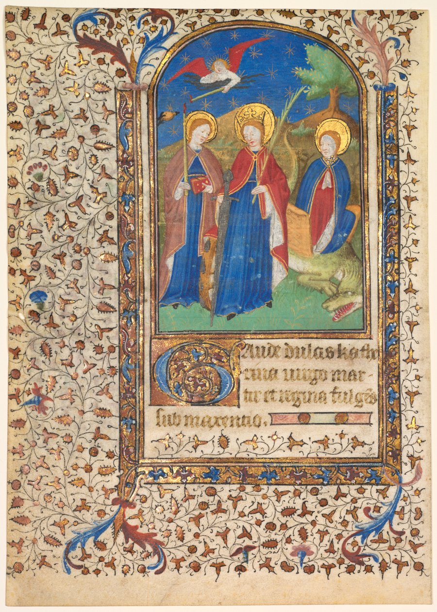 Hoja de un libro de horas: Santa Genoveva, Catalina de Alejandría y Margarita recto..., c. 1415 de Boucicaut Master