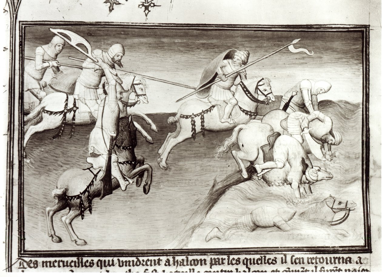 El líder mongol, Hulagu, khan del Ilkhanato persigue a su primo, Berke, khan de la Horda de Oro en 1262, forzándolo a un río, del Libro de las Maravillas del Mundo, c.1410- de Boucicaut Master