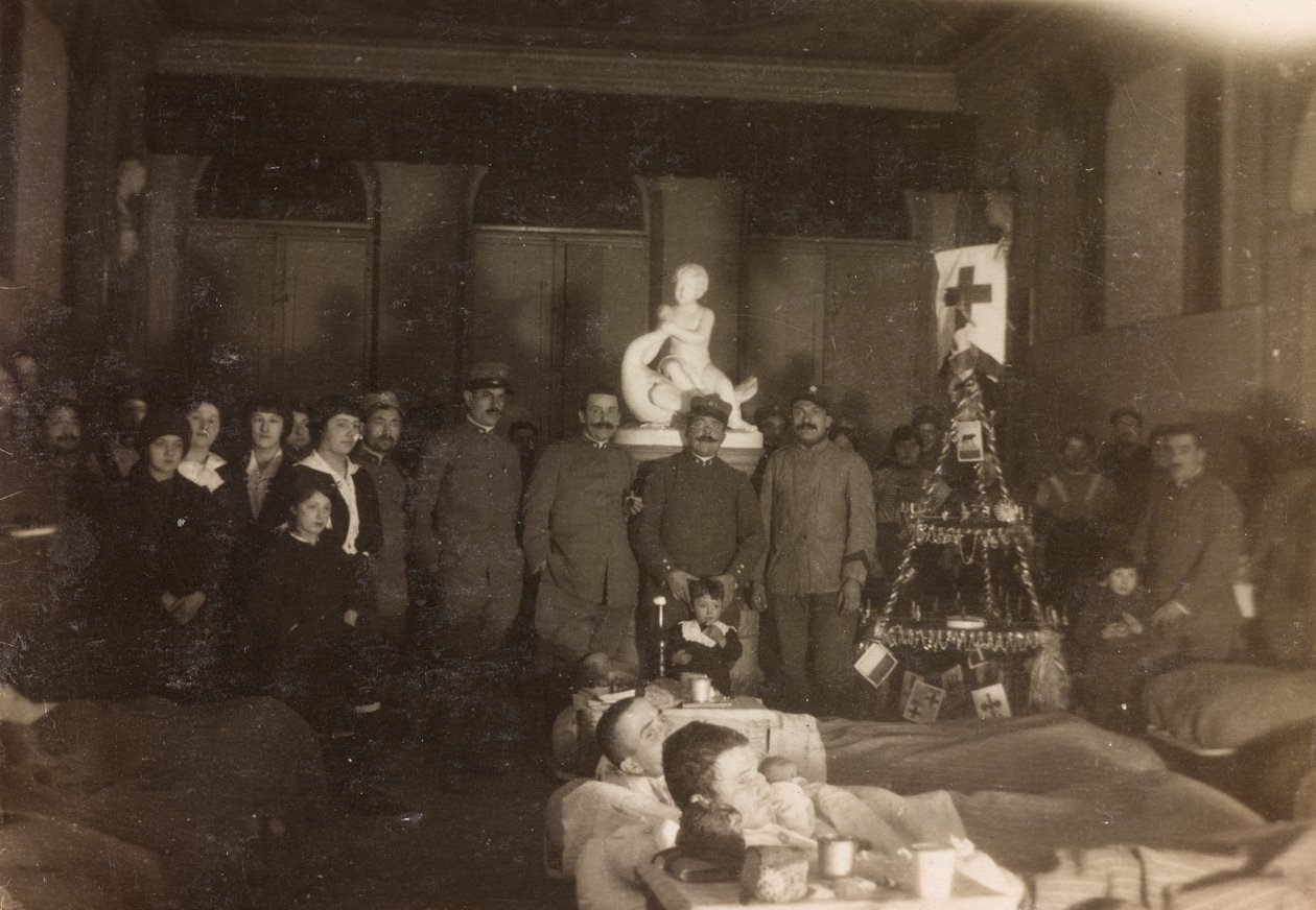 Álbum de la Primera Guerra Mundial en Friuli-Venecia Julia: retrato grupal en Navidad en Villa Brazzà, hogar del Hospital de guerra en Soleschiano Manzano, 25/12/1915 de Bourbon Del Monte