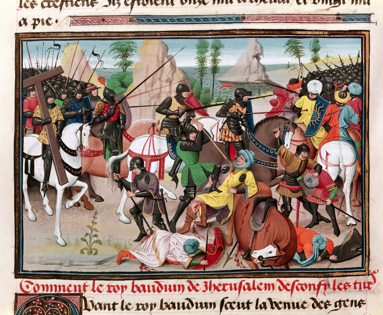 La Batalla entre el Rey Balduino I (c.1058-1118) y los Turcos, de Crónicas de los emperadores por David Aubert, 1462 de Brabant School