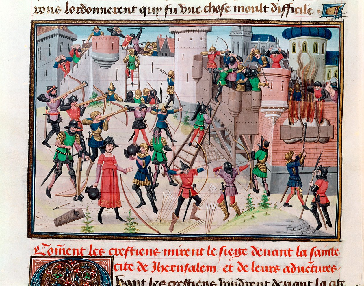 El asedio de Jerusalén por los cristianos durante una de las Cruzadas, de Chroniques des empereurs de David Aubert, 1462 de Brabant School