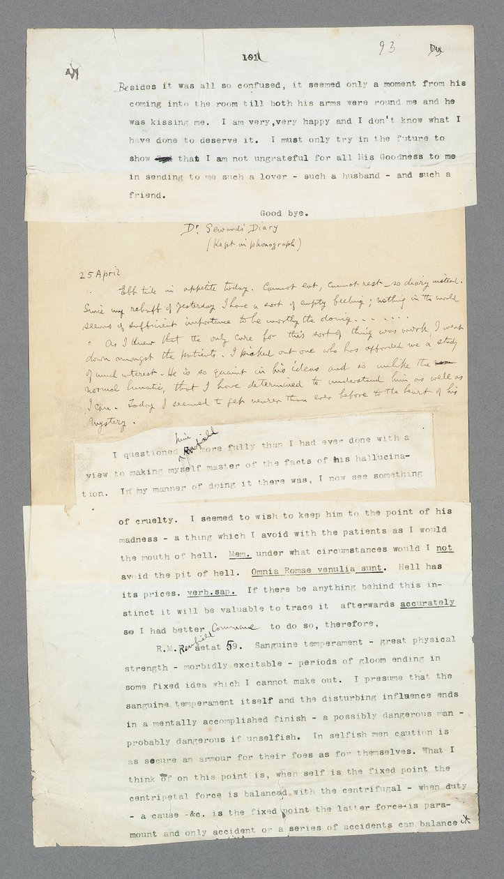 Página 93, Capítulo 5, Parte del diario fonográfico del Dr. Seward describiendo a su paciente, Renfield, del manuscrito original mecanografiado de 