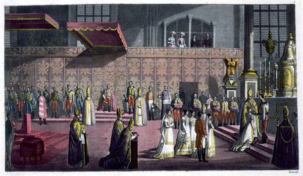 El Primado de Hungría coronando a la Reina en la Iglesia Colegiata, Westprim, Hungría, lámina 5 de 