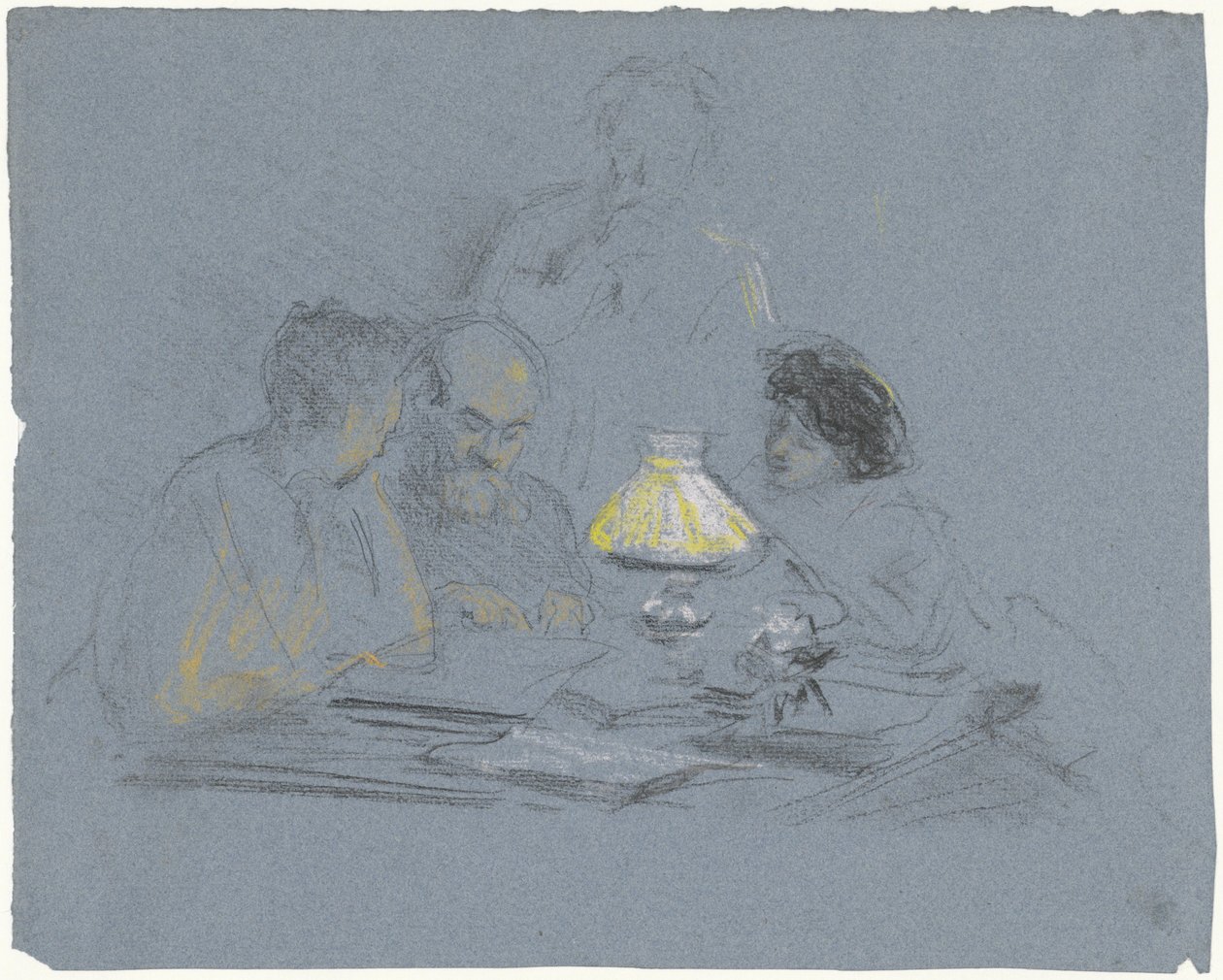 A. Grandmont y tres figuras, leyendo a la luz de la lámpara de Bramine Hubrecht
