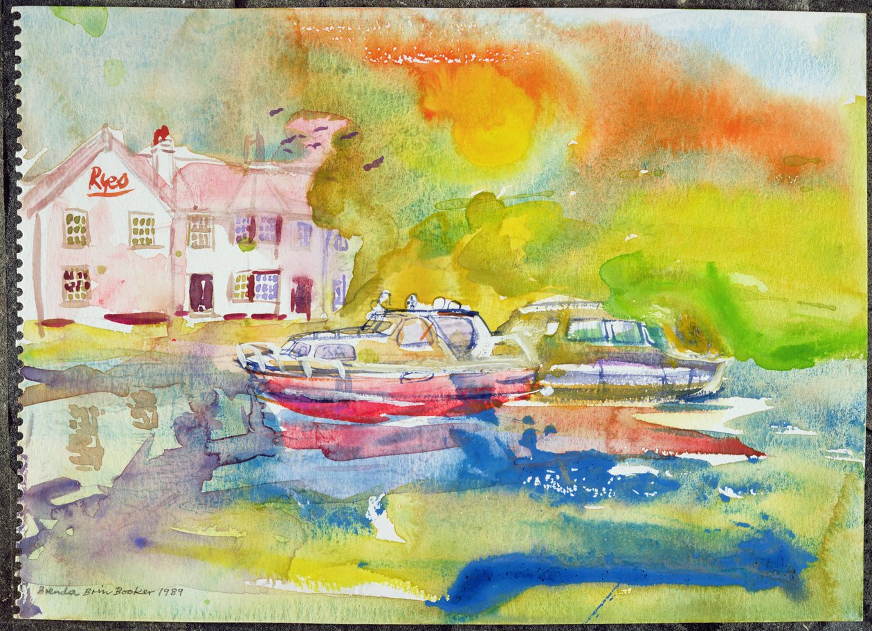 Pub junto al río con barcos de Brenda Brin Booker