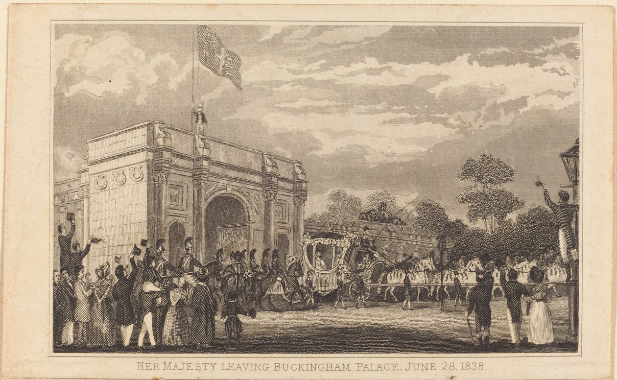 Su Majestad saliendo del Palacio de Buckingham, 28 de junio de 1838 [mitad izquierda] de British 19th Century