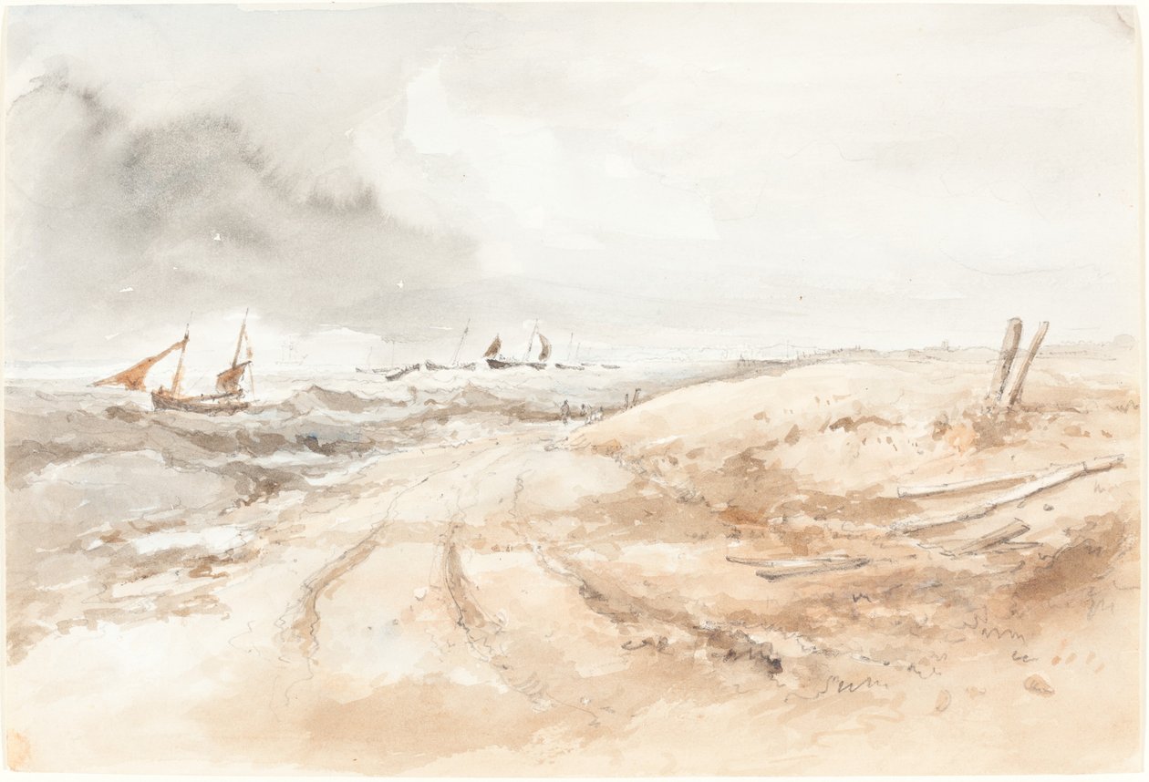 Escena costera con barcos en agua agitada de British 19th Century