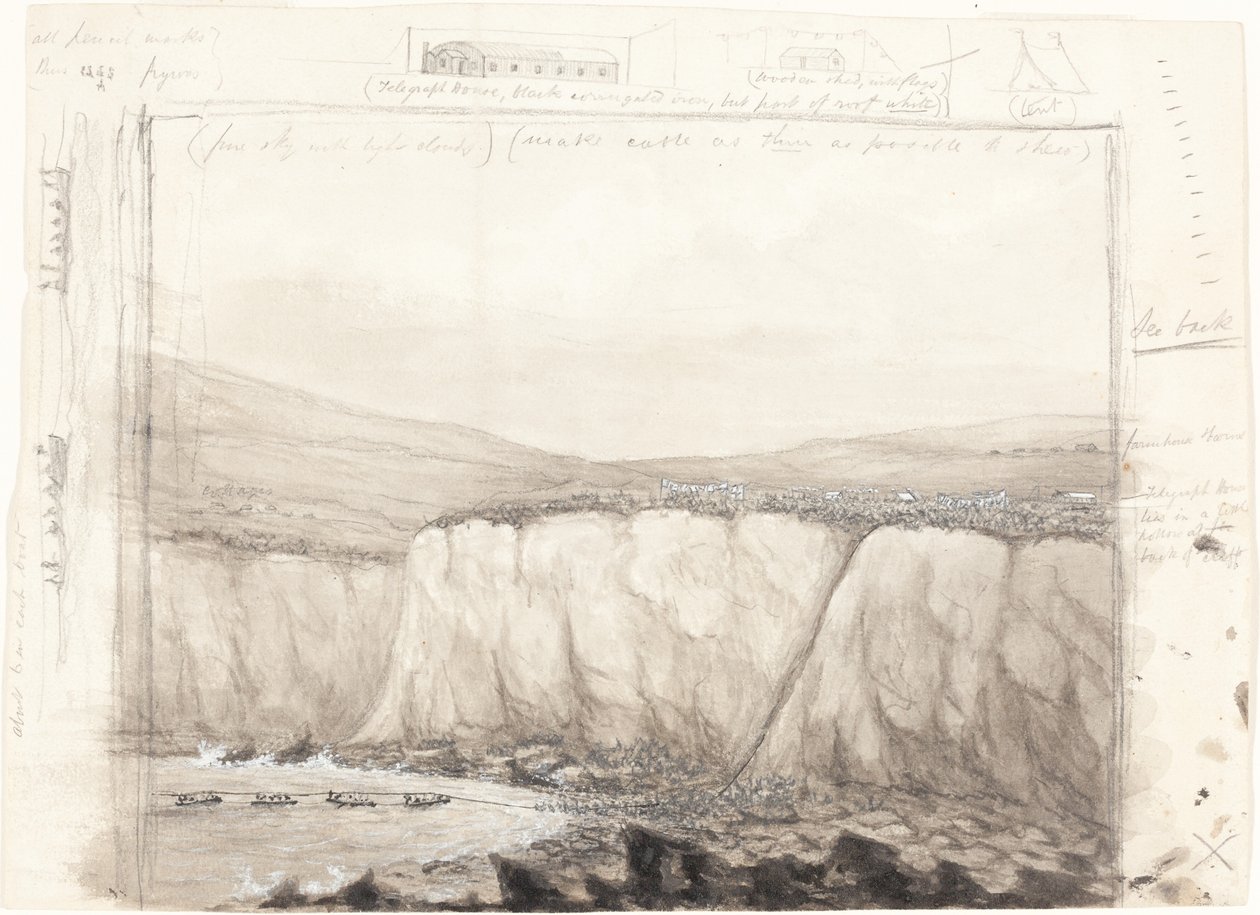 Boceto de barcos cerca de un acantilado de British 19th Century