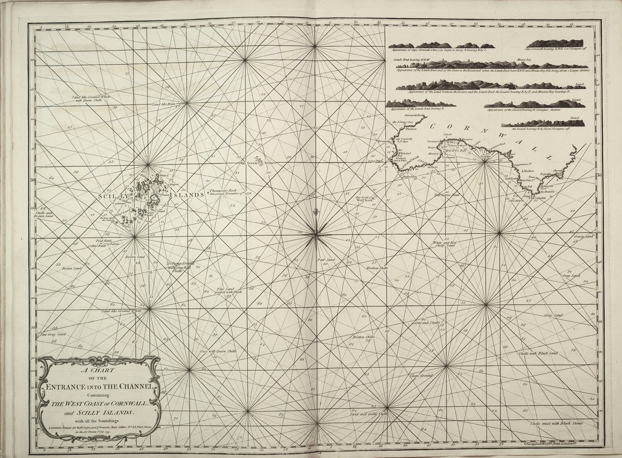 Carta de la entrada del Canal de la Mancha que contiene la costa oeste de Cornualles y las islas Scilly con todos los sondeos. de British School