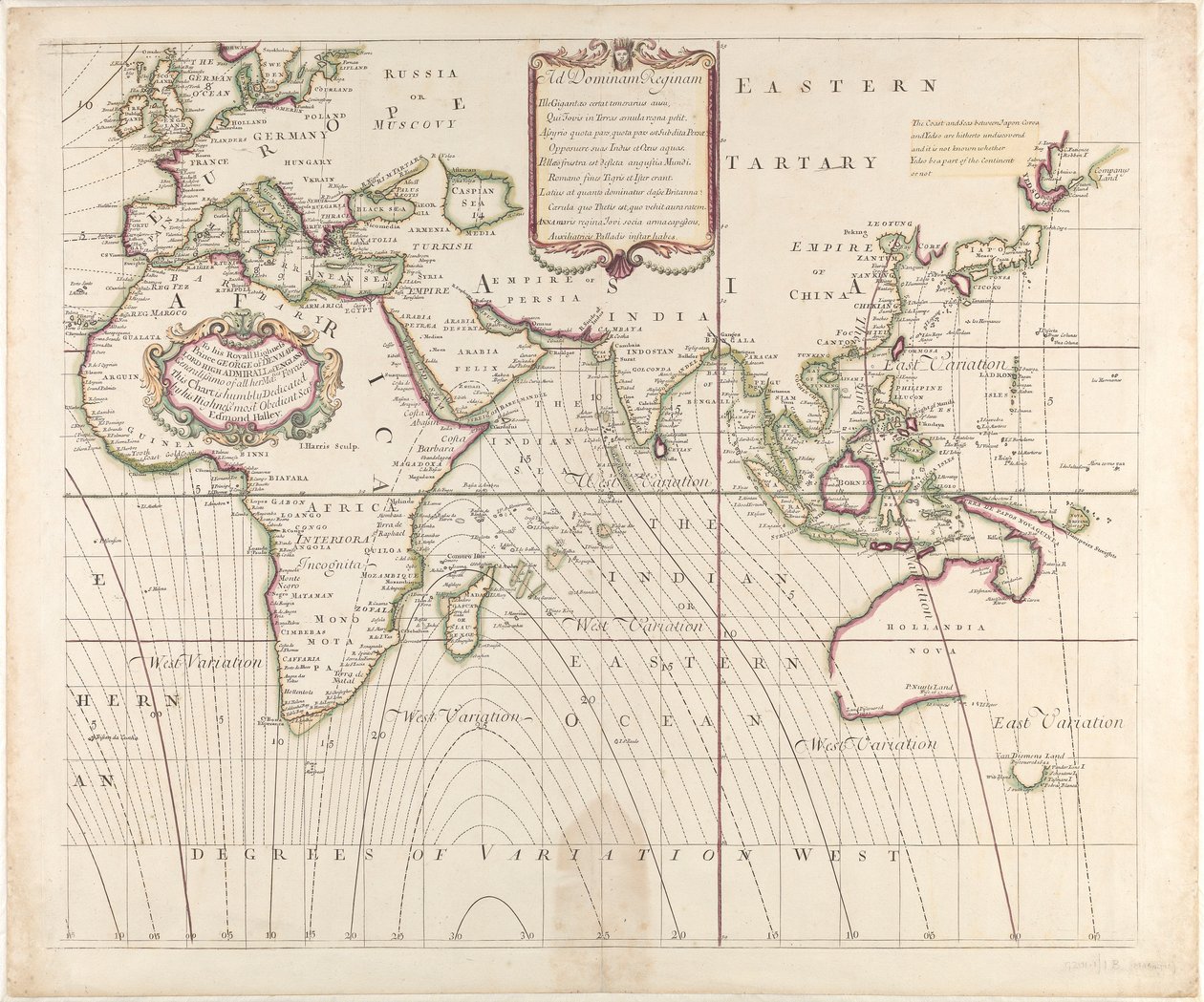 Una nueva y correcta carta marina de todo el mundo que muestra las variaciones de la brújula tal y como se encontraban en el año 1700 de British School
