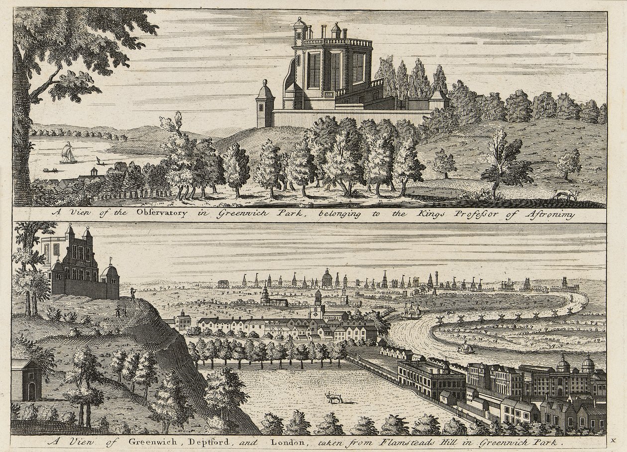 Vista del Observatorio en Greenwich Park... [y] Vista de Deptford y Londres tomada desde Flamsteed Hill en Greenwich Park", c.1750 (grabado) de British School