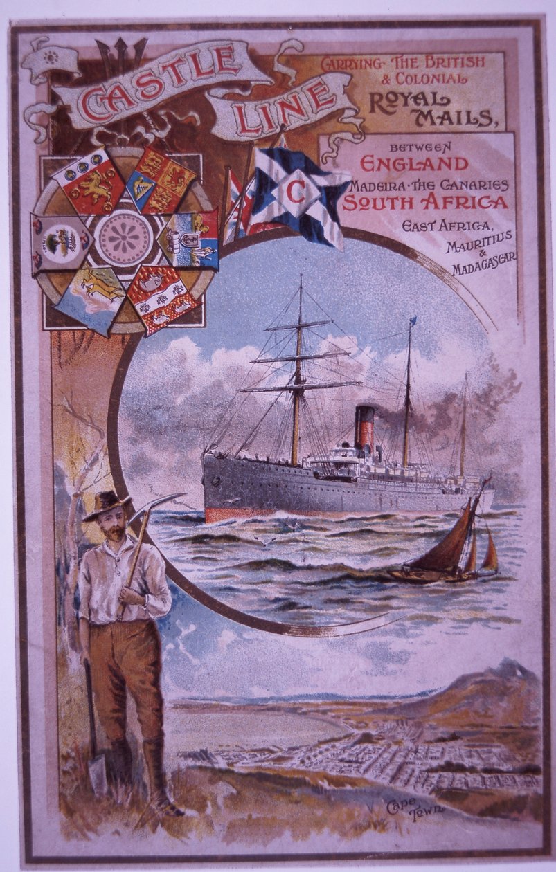 Folleto de la Castle Line con la lista de pasajeros del Tantallon Castle que navega de Ciudad del Cabo a Londres en 1898 (litografía en color) de British School
