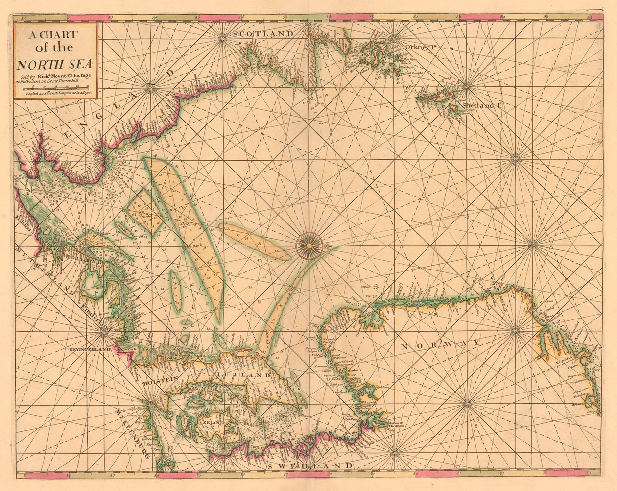 Carta del Mar del Norte: Noruega hasta el estrecho de Dover, c.1700 (grabado coloreado) de British School