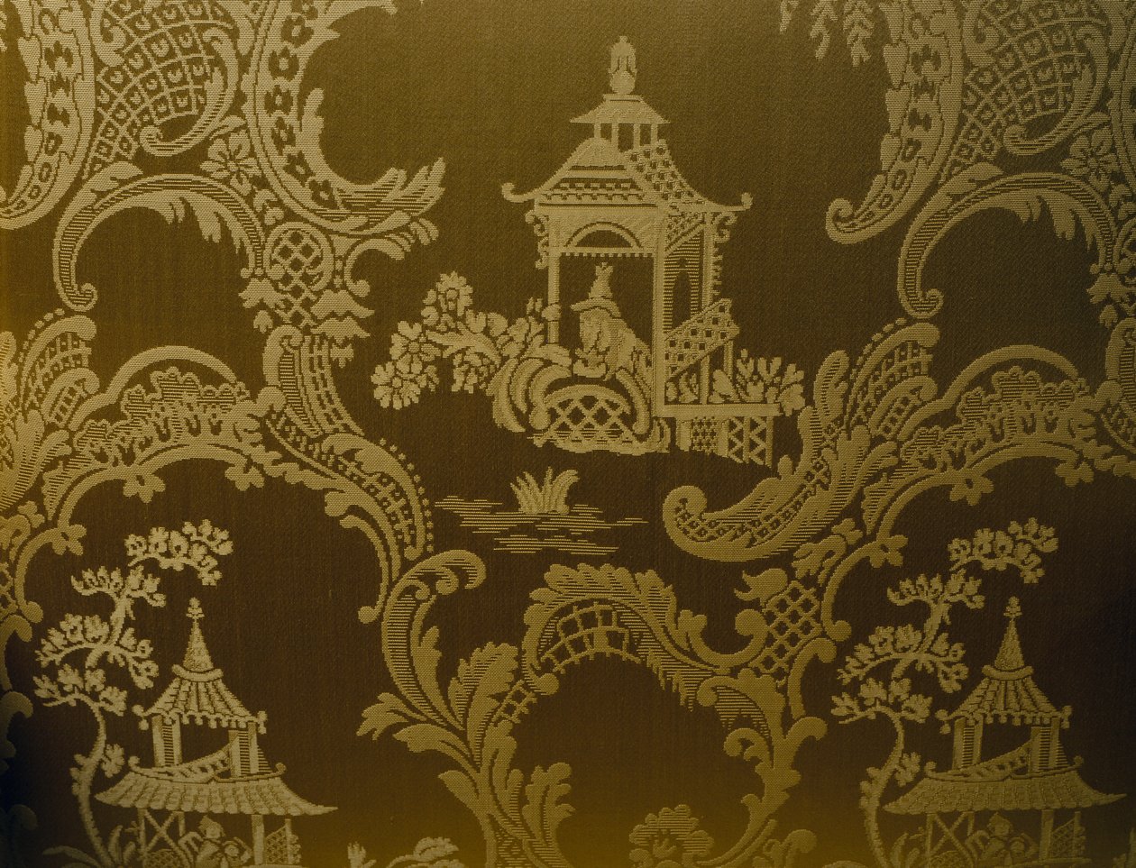 Motivos chinos, (detalle), tapicería de sillón estilo George II, madera tallada, brazos acolchados y respaldo y asiento tapizados, ca 1750, Reino Unido de British School