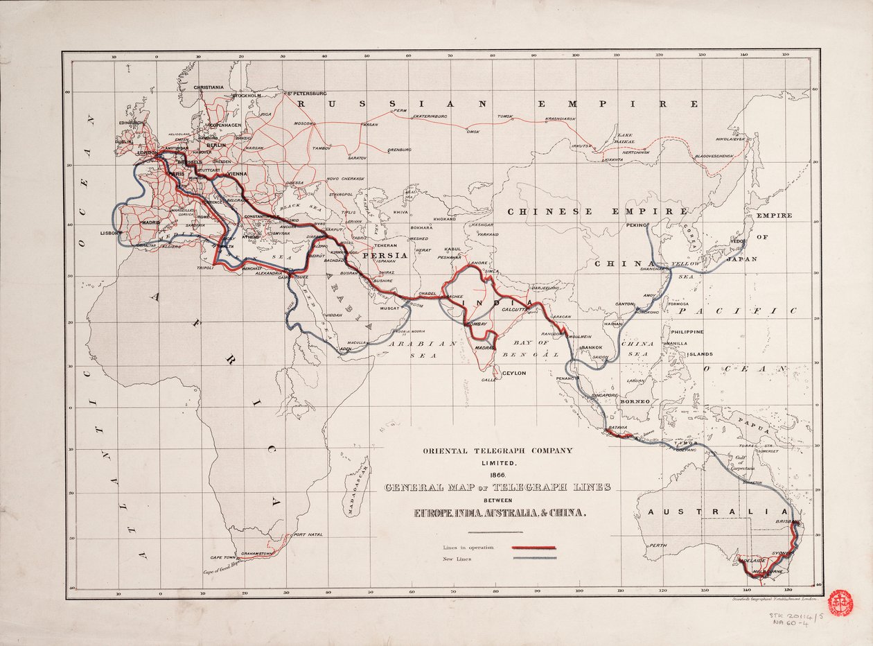 Mapa general de las líneas telegráficas entre Europa, India, Australia y China de British School