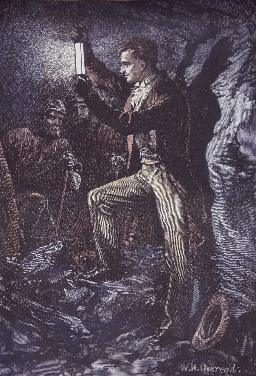 Humphry Davy con la lámpara de seguridad Davy para mineros, inventada en 1815 (grabado en madera coloreado a mano) de British School