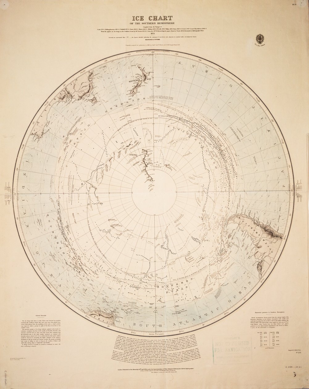 Carta de hielos del hemisferio sur recopilada de los viajes de Cook 1772-5, Bellingshausen 1819-21... y Shackleton 1908-9 de British School
