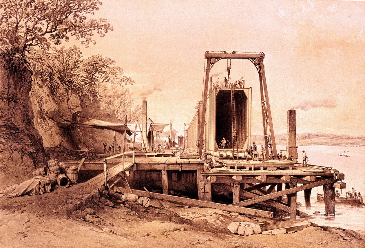 Revolución industrial: instalación de un puente prefabricado. Grabado de "Britannia and Conway Tubular Bridges". de British School