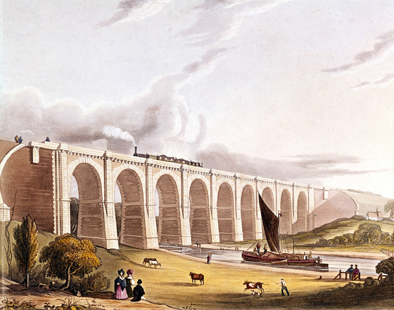 Revolución industrial: vista del viaducto ferroviario que cruza el valle de Sankey. Placa tomada de "Liverpool & Manchester Railway", Londres 1832. de British School