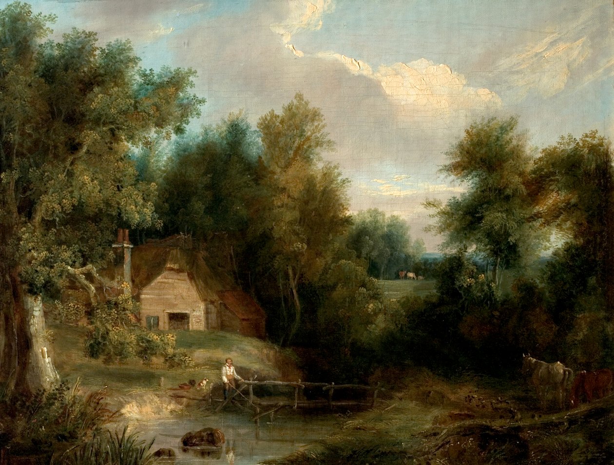 Paisaje, cabaña y arroyo con una figura y una casa (óleo sobre lienzo) de British School