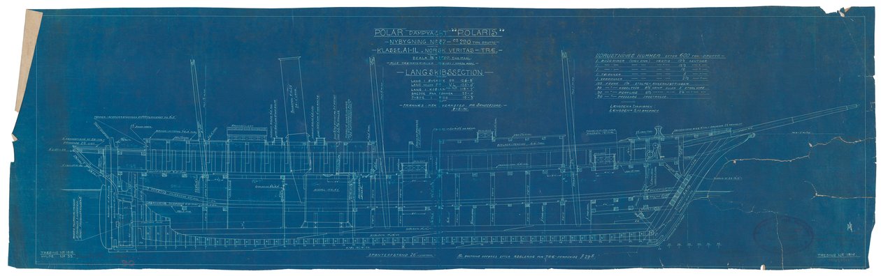 Plano de sección longitudinal del "Endurance" (1912), como "Polaris". de British School