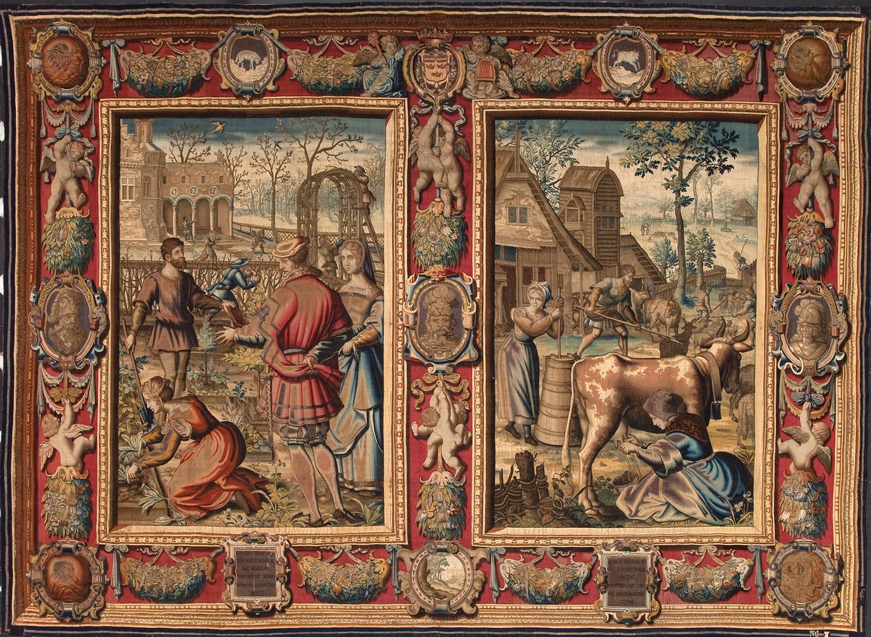 Marzo y Abril: "labores agrícolas y ordeño de vacas" Tapiz de las manufacturas de Mortlake. Siglo XVII Genes, Musei di Strada Nuova de British School