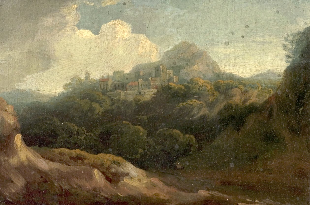 Paisaje montañoso, mañana (óleo sobre madera) de British School