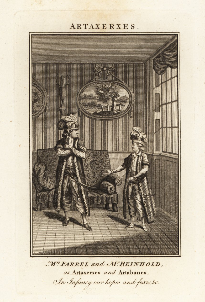 Sra. Margaret Farrel y Sr. Charles Frederick Reinhold en traje persa como Artajerjes y Artabanes en la ópera Artajerjes de Thomas Arne de British School