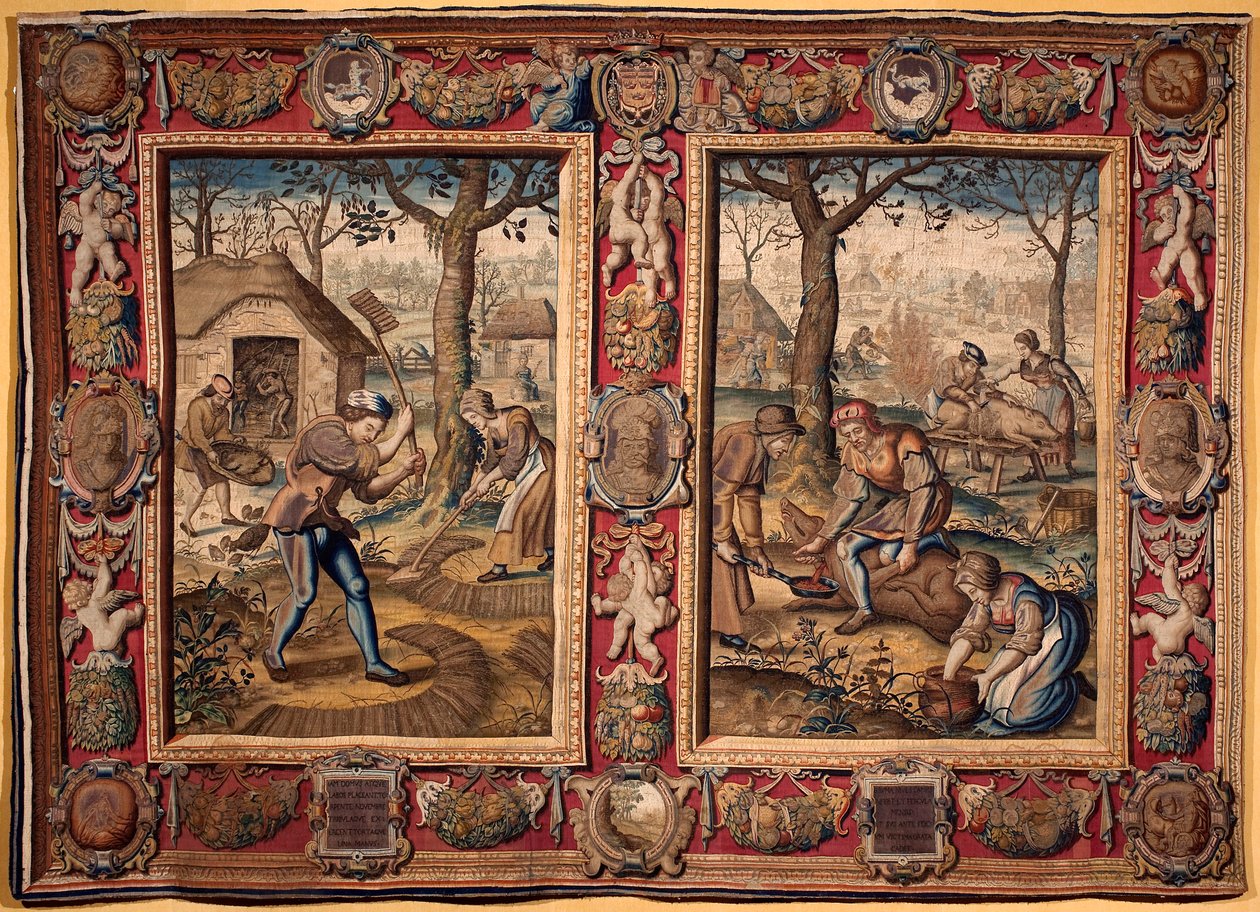 Noviembre y diciembre: "trabajos agrícolas y matanza del cerdo" Tapiz de las manufacturas de Mortlake. Siglo XVII Genes, Musei di Strada Nuova de British School