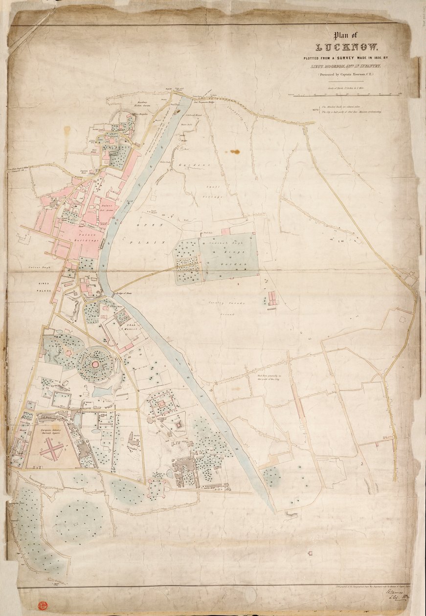 Plano de Lucknow, trazado a partir de un reconocimiento realizado en 1856, por el teniente Moorsom, 52º. Teniente de Infantería. (Presentado por el capitán Moorsom, C.E.), c.1856 (seda, papel) de British School