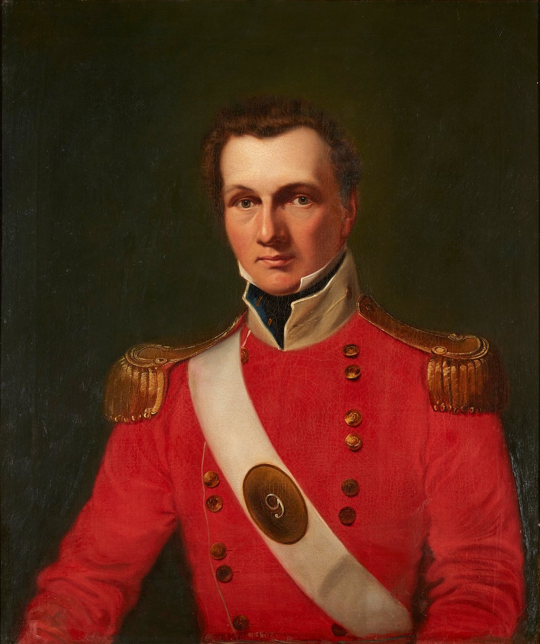 Retrato de un caballero con chaqueta militar roja (óleo sobre lienzo) de British School