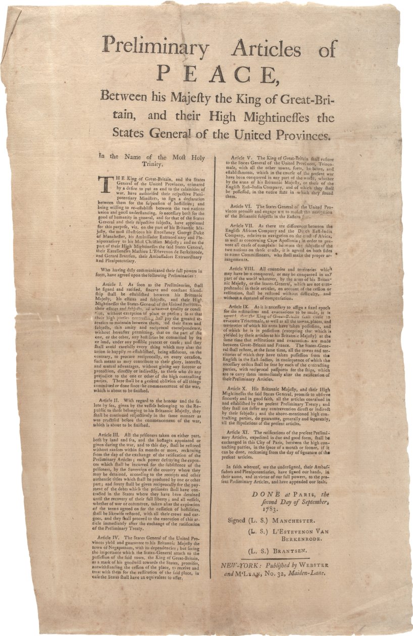 Artículos preliminares de paz entre Gran Bretaña y las Provincias Unidas, 02 de septiembre de 1783 de British School