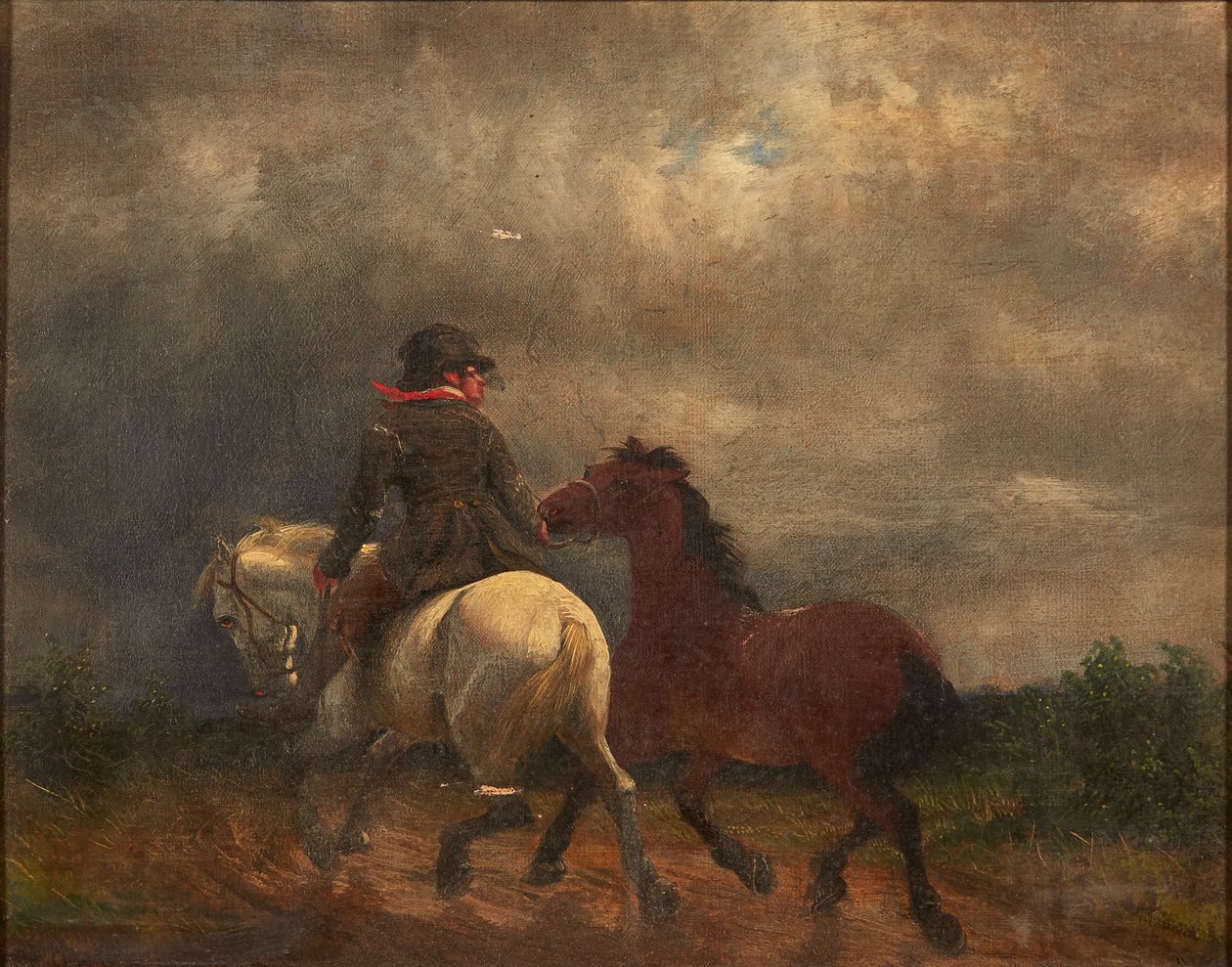Jinete con dos caballos (óleo sobre lienzo) de British School