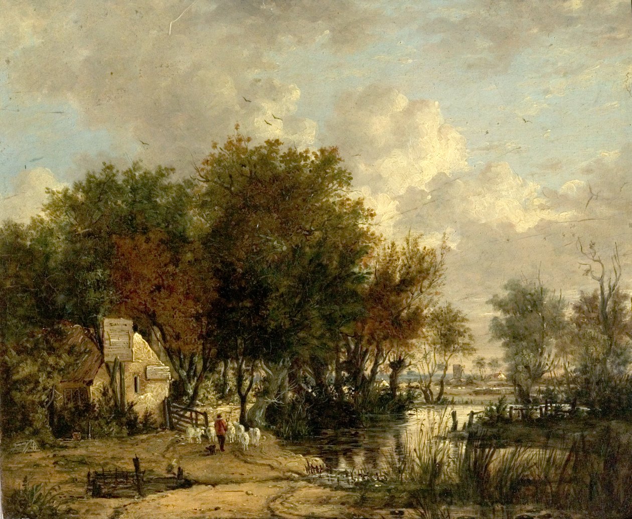 Escena de río, niño conduciendo ovejas (óleo sobre madera) de British School