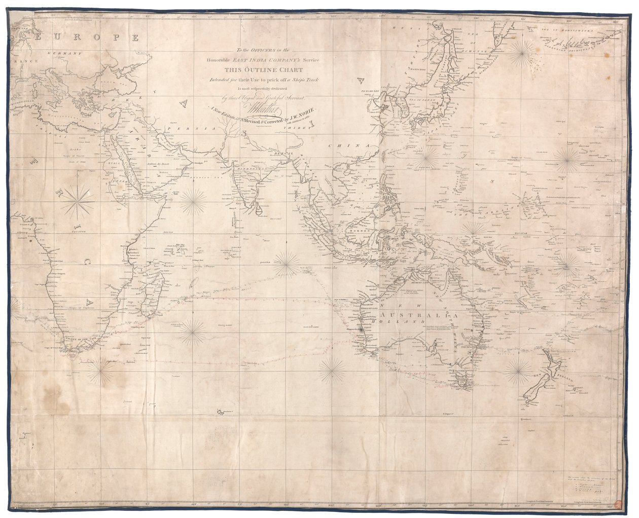 A los oficiales al servicio de la honorable Compañía de las Indias Orientales, W. Heather dedica muy respetuosamente esta carta esquemática destinada a su uso para trazar la derrota de un barco. Nueva edición de 1830, revisada y corregida por J. W. Norie. de British School