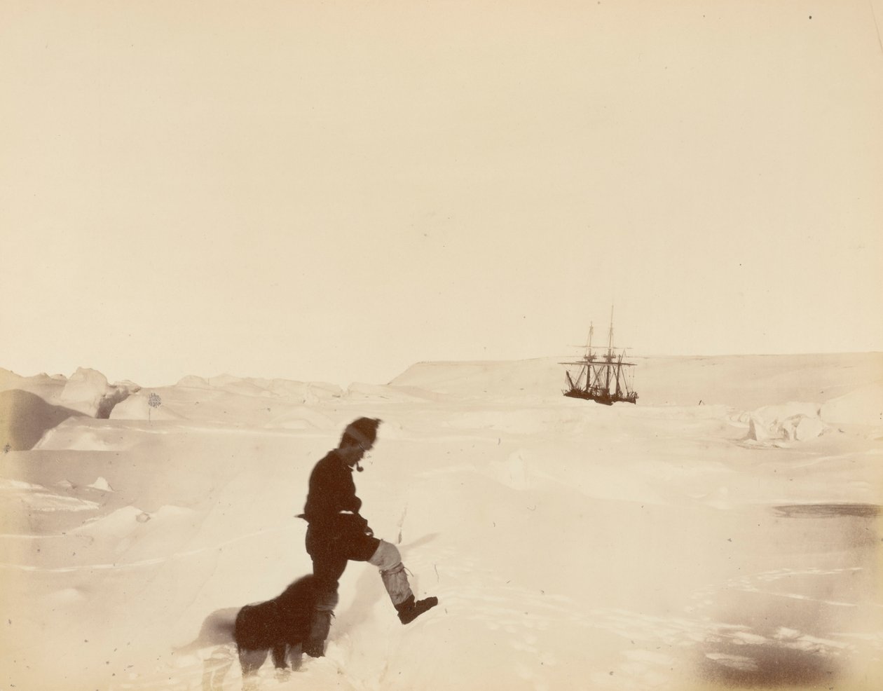 Cuarteles de invierno del "Alert"; Cabo Rawson a lo lejos; el Sr. White y "Nelly", durante la expedición británica al Ártico. de British School