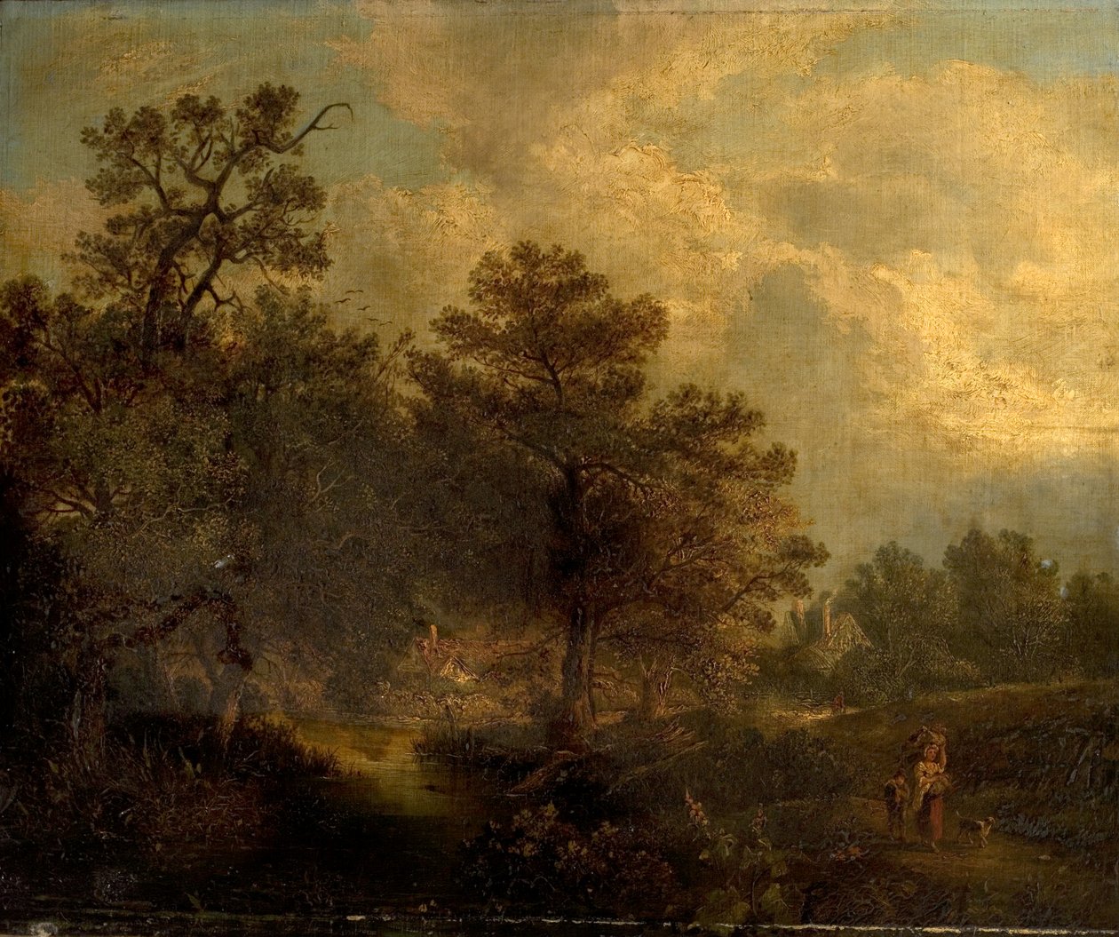 Escena de bosque con arroyo y casitas (óleo sobre lienzo) de British School
