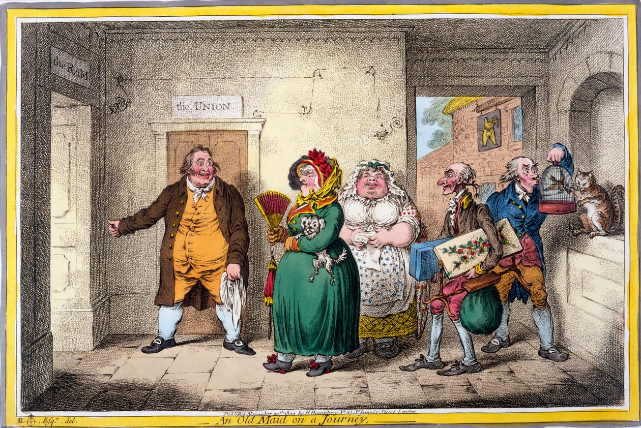 Una solterona en un viaje, grabado hecho por James Gillray, 1804 (grabado coloreado a mano) de Brownlow North