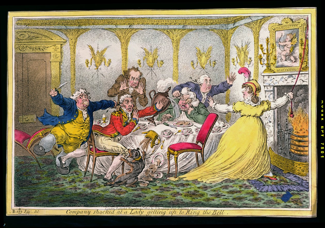 Compañía sorprendida por una dama levantándose para tocar la campana, grabado por James Gillray, publicado por Hannah Humphrey en 1804 de Brownlow North