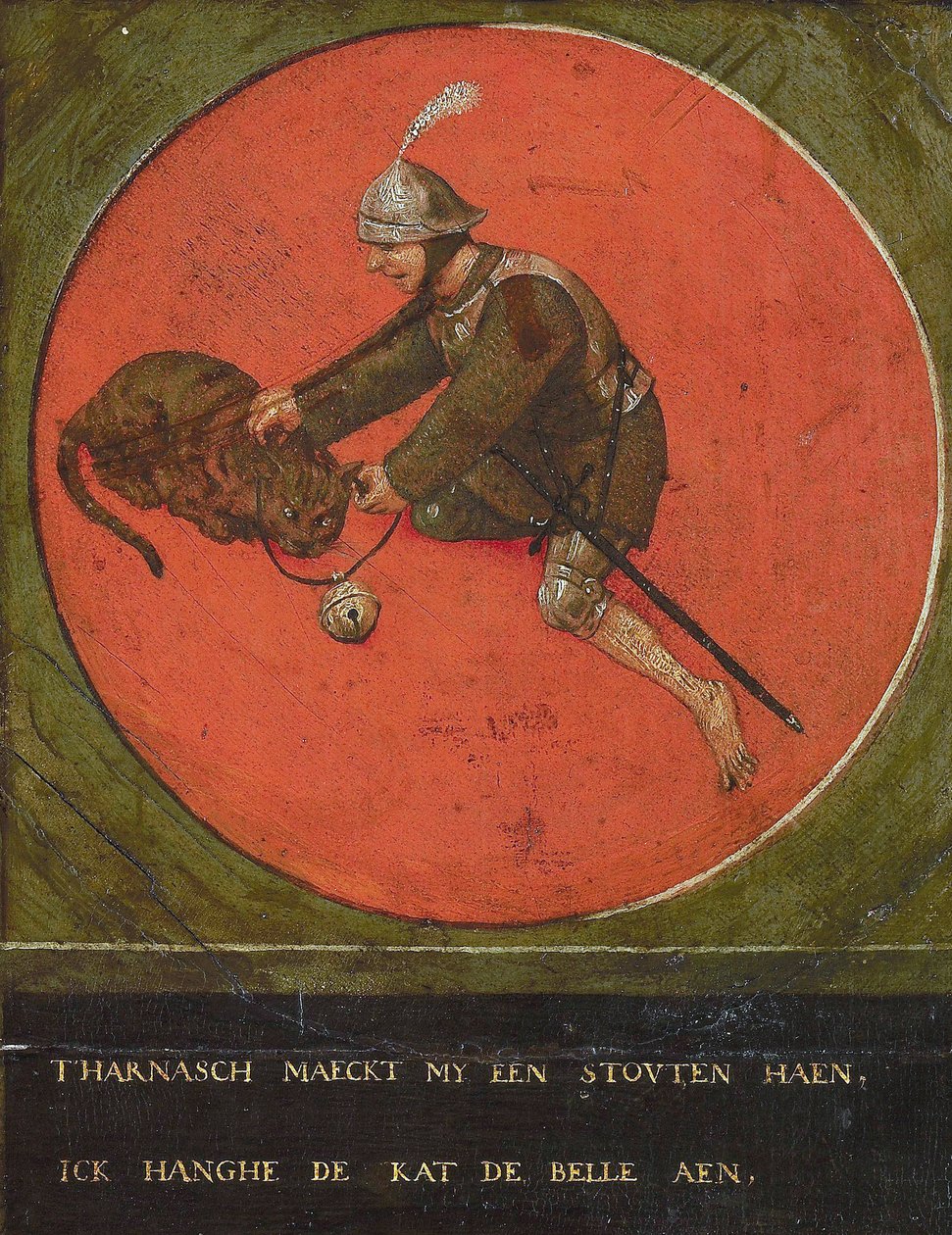 Dame una armadura y me vuelvo lo suficientemente valiente como para ponerle el cascabel al gato, 1558. de Bruegel