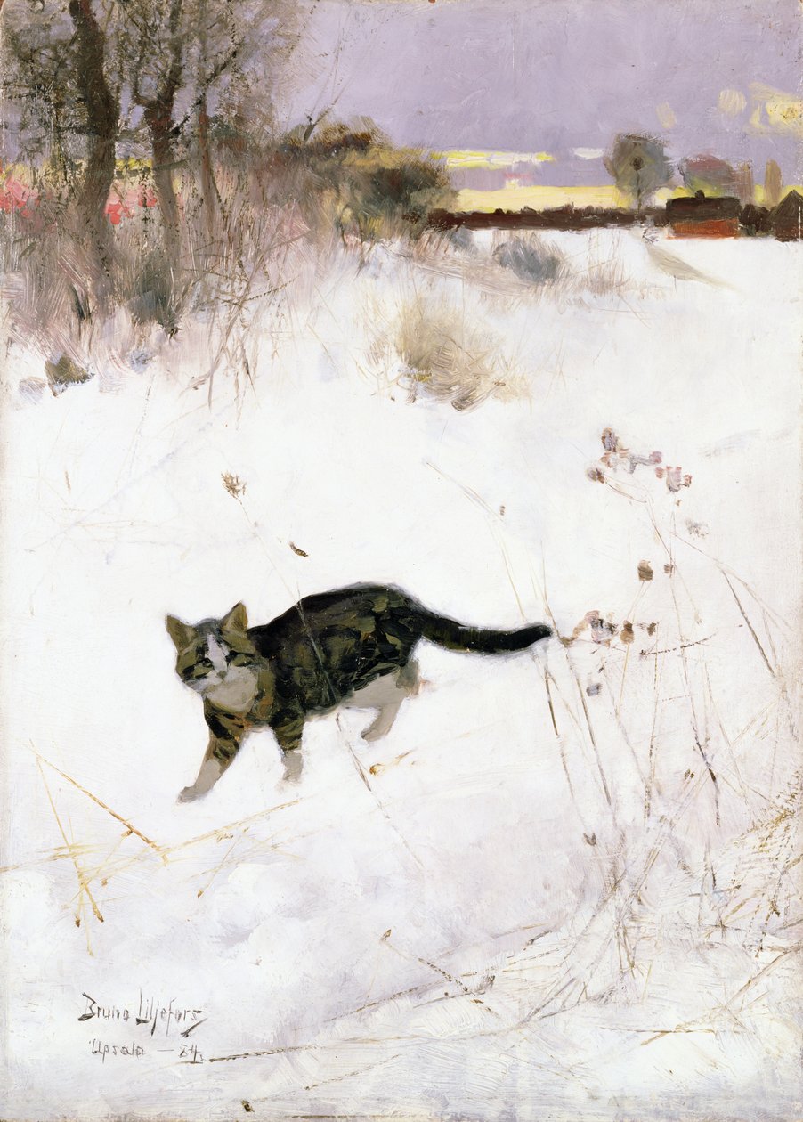 Gato Acechando sobre la Nieve de Bruno Andreas Liljefors