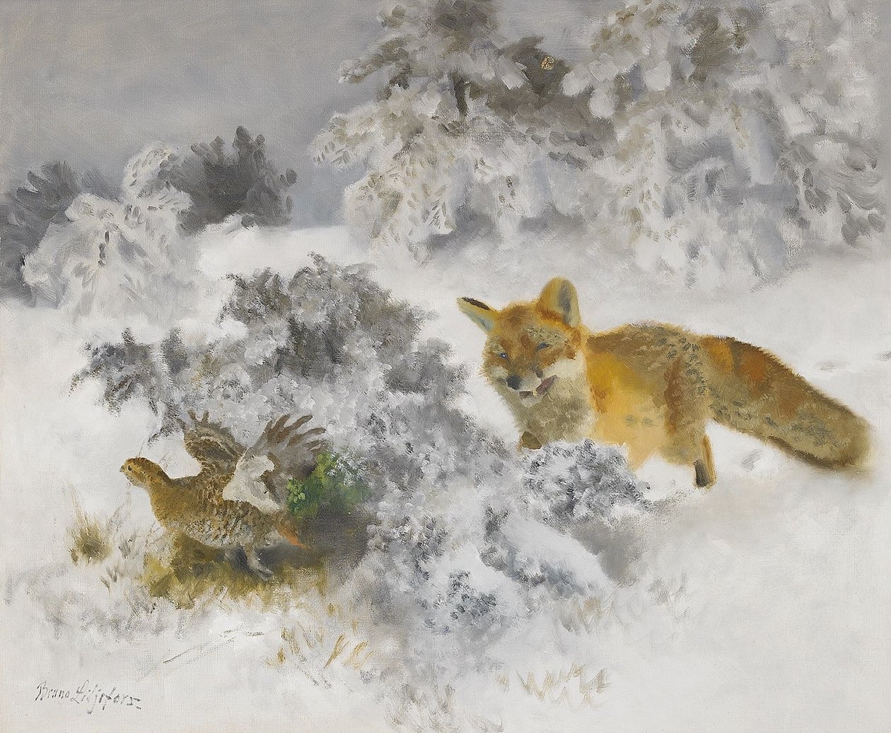 Zorro y gallina de urogallo en paisaje invernal de Bruno Andreas Liljefors