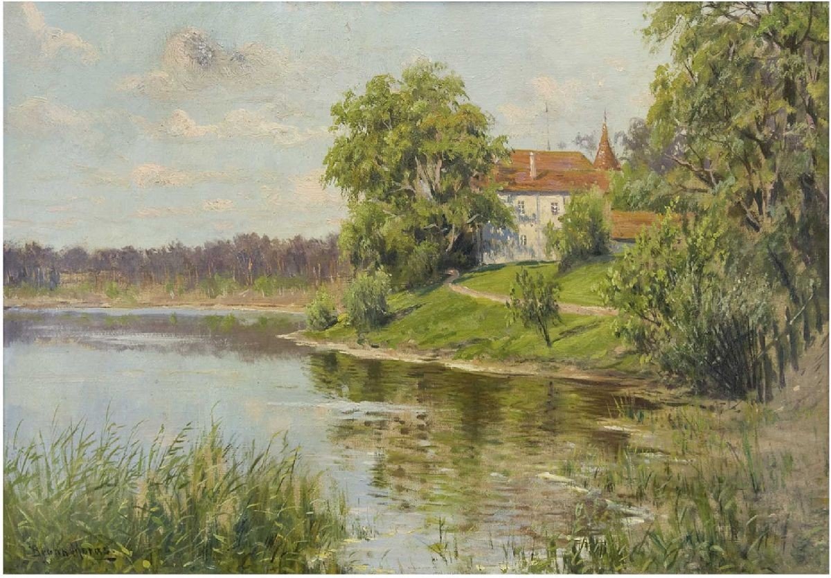 Vista al lago con casa parroquial de Bruno Moras
