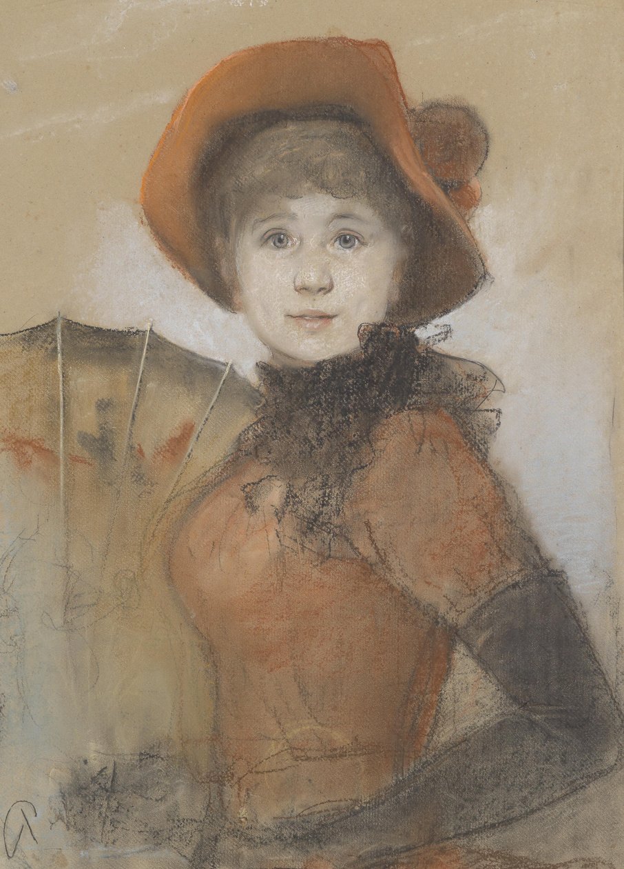Retrato de una niña con sombrero y paraguas de Bruno Piglhein