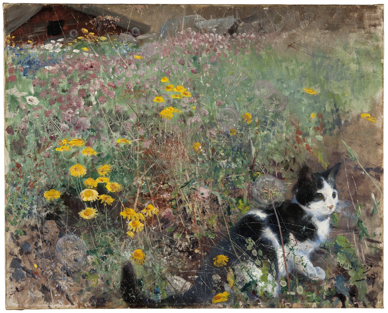 Gato en un prado floreado de Bruno Andreas Liljefors